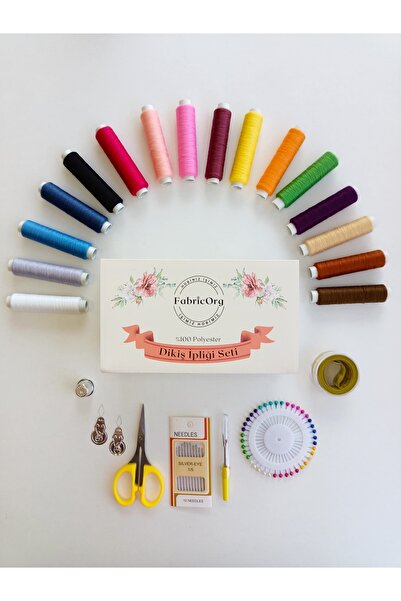 fabricorg مجموعة خيوط الخياطة اليدوية والآلات (200 طن × 16 لون) - شريط قياس - مقص - مزيل الغزل - إبرة - كشتبان