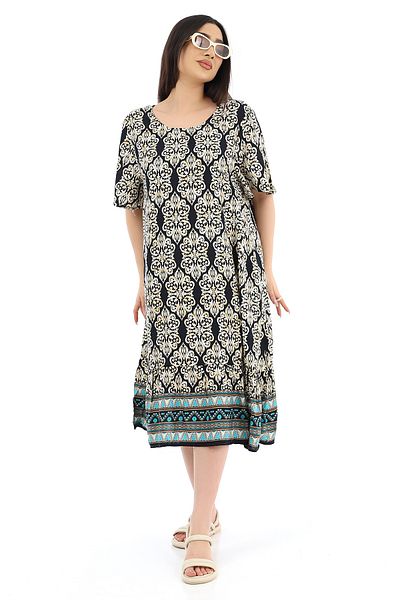 SCHIK Rochie de damă din viscoză cu jumătate de mânecă, cu decolteu O, cu buzunare, cu volane, cu model