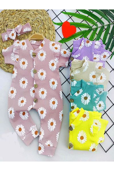 Skygo 3-6-9-12 Months Daisy Patterned Bandage Short Sleeve Baby Girl Jumpsuit