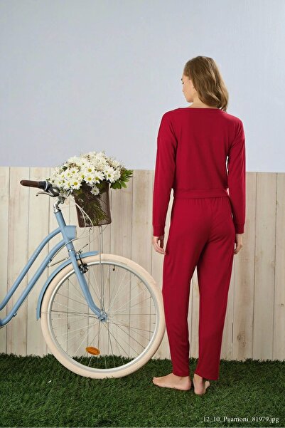 Pijamoni Dublin Fabric Red Pajama Set with Rodop - 5355