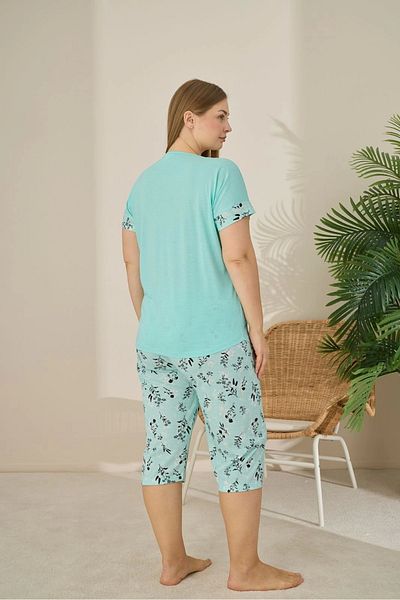 Pijamoni Polyviscon Fabric Large Size Green Pajama Set - 7345