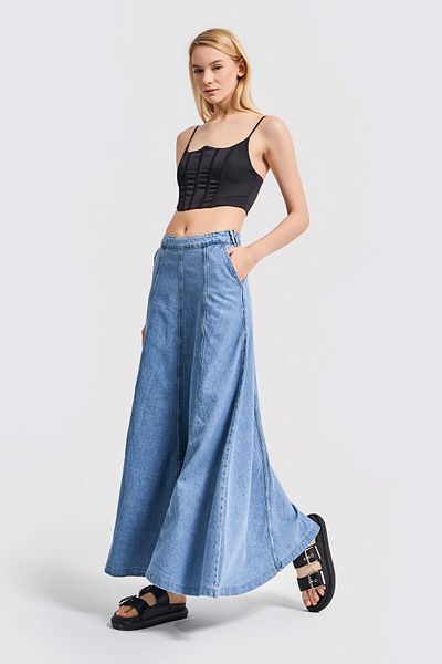 its basic Fusta de damă, culoare albastră, formă A, lungime maxi, 102 cm