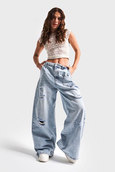 its basic Blugi de damă, culoare 12S5-3 Mega Baggy Fit, super largi, 100% bumbac, blugi din denim cu talie medie
