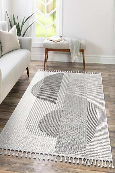 SARAZ HALI Mumbai 321 Gri - Beyaz Yumuşak Dokulu Halı Kilim Salon Mutfak Kori...