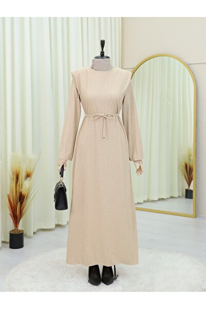 Modamorfo Padded Shoulder Lace up Wrap Dress -Beige