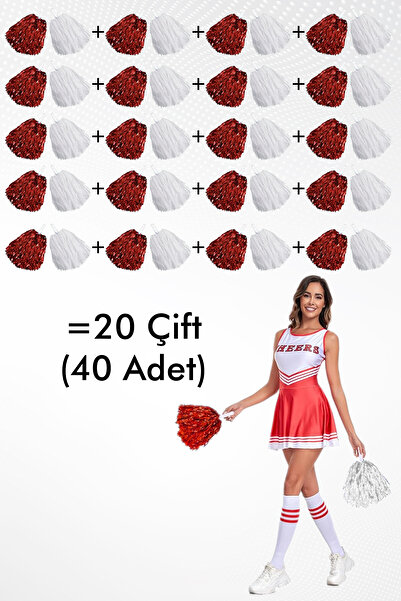 Parti Atölyesi 20 Çift (40 Adet ) Kırmızı Beyaz Lüx Ponpon 23 Nisan ve Gösteri Ponponu