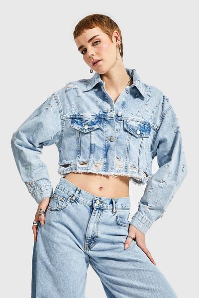 its basic Jachetă crop detaliată ruptă de culoare denim de zăpadă pentru femei