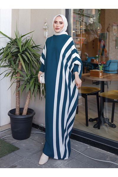 SAHRA BUTİK Petrol Colored Striped Knitwear Bat Dress - Sahra Boutique