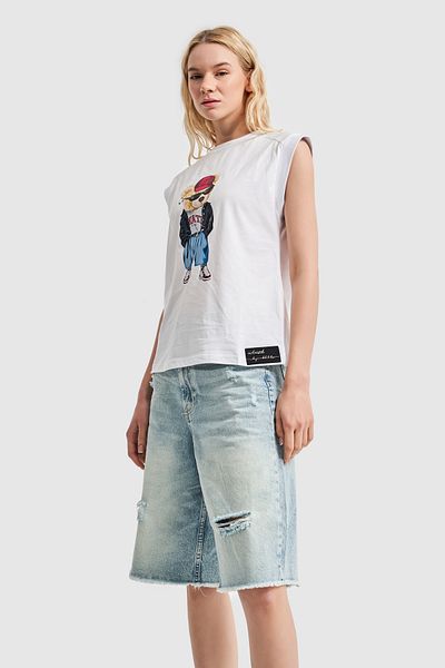 its basic White Teddy Bear Printed Oversize Women's T-shirt - Zero Sleeve