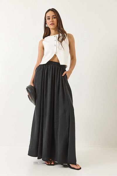 Bianco Lucci Women's Elastic Waist Pocket Detailed Modal Long Flared Skirt 5002 60271023