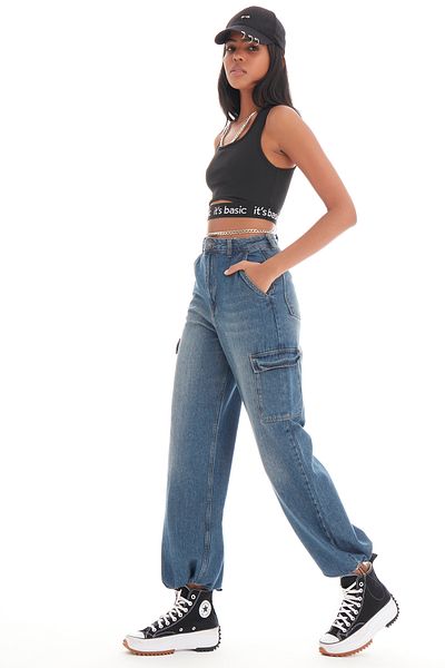 its basic Γυναικείο Tint Denim Color Cargo Pocket Leg Elastic Jogger Fit Denim