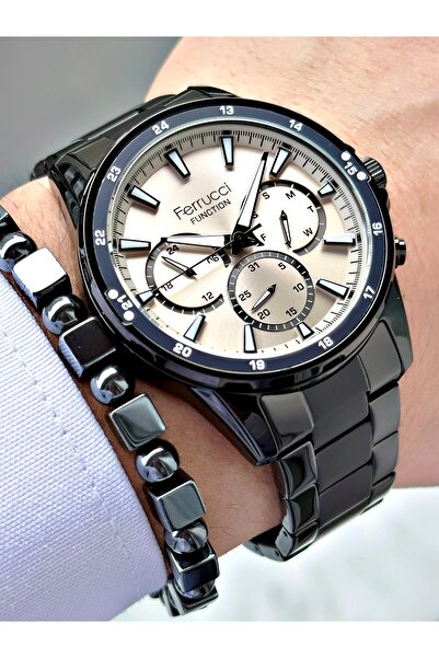 Ferrucci Ferrucci̇ Function Black Metal Men's Wristwatch with Light Gray Dial