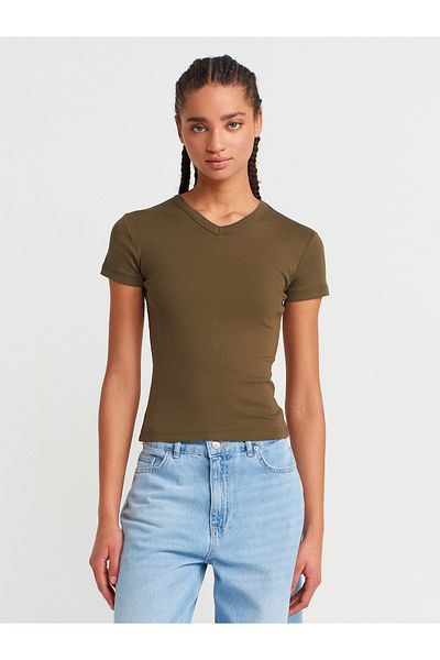 Dilvin 31673 V-Neck T-Shirt-Khaki