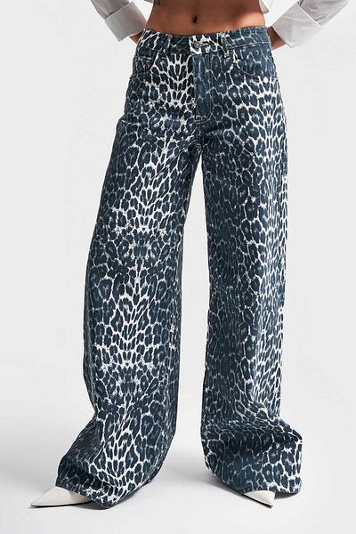 its basic Ασημί Leopard Print Palazzo Cut Γυναικείο τζιν παντελόνι