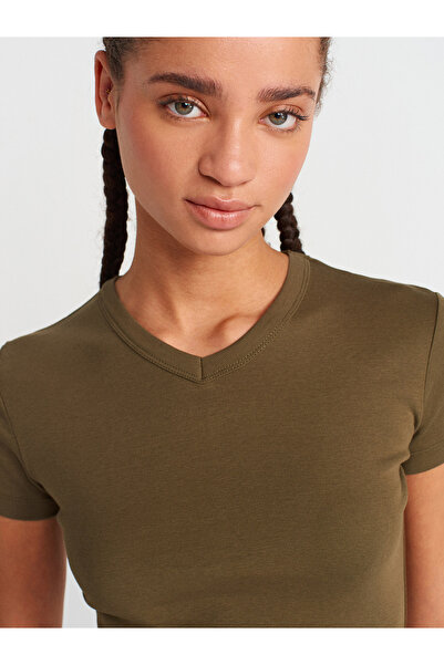 Dilvin 31673 V-Neck T-Shirt-Khaki