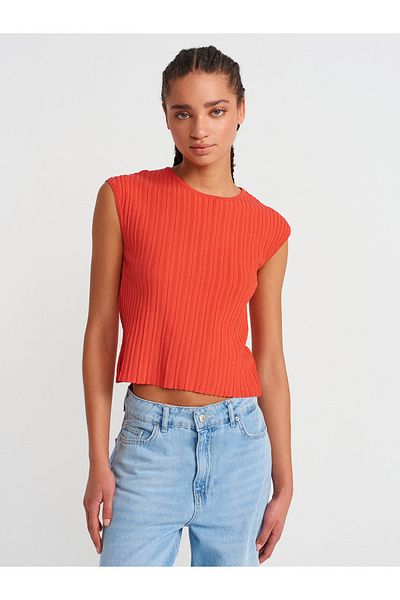 Dilvin 10738 Crew Neck Ribbed Thin Knitwear Blouse-A.Red