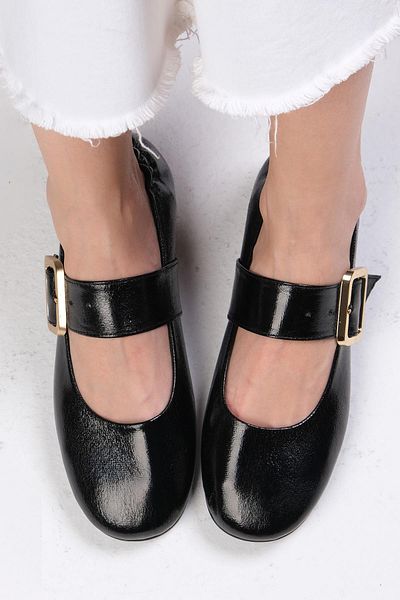 Mio Gusto Diega Black Color Thick Belted Women's Ballerinas