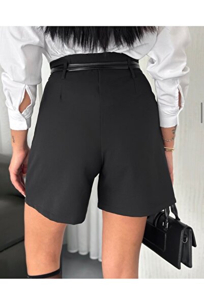 Ranuna Deri biyeli yüksek bel kadın siyah şort