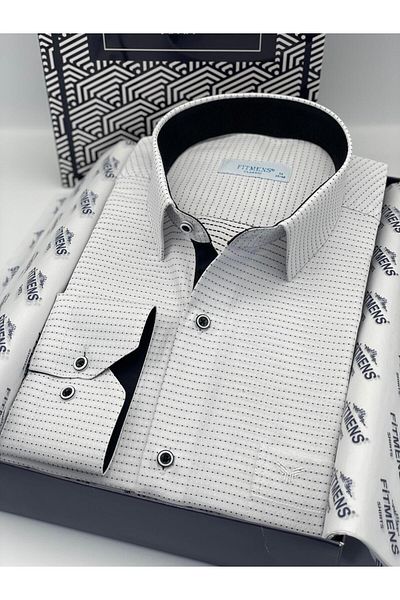 Fitmens Classic Long Sleeve Dot Patterned Men's Shirt with Gift Box Fs- 001259   - White Black