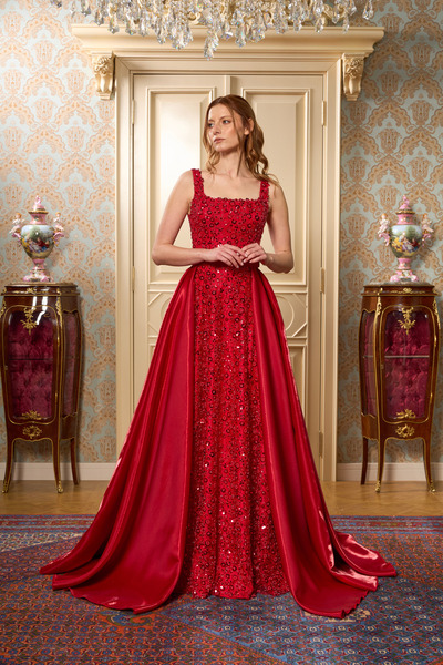 Lenta Moda Kırmızı Kare Yaka Çıkarılabilir Etek Detaylı Dantel Kaplama Kına E...