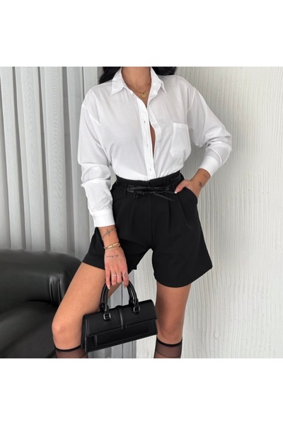 Ranuna Deri biyeli yüksek bel kadın siyah şort