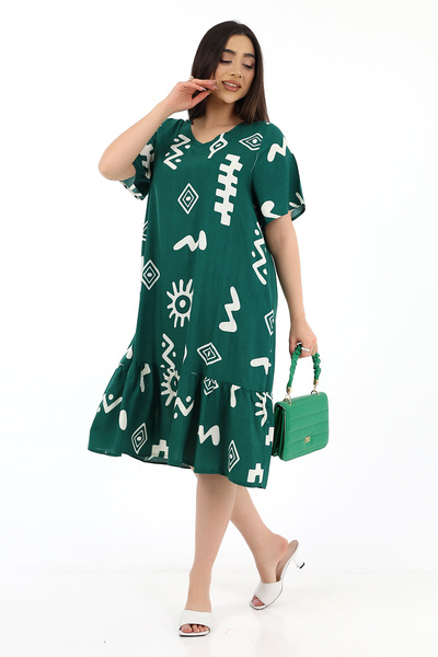 SCHIK Γυναικείο φόρεμα βισκόζης με μισό μανίκι V λαιμόκοψη με βολάν με τσέπες σκούρο πράσινο