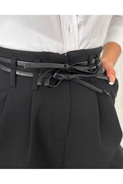 Ranuna Deri biyeli yüksek bel kadın siyah şort