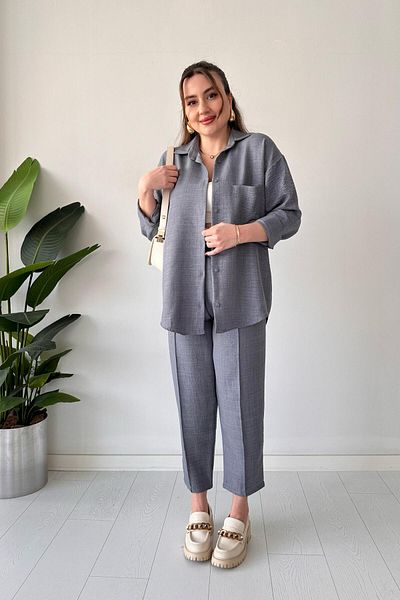 MaziButik بدلة كتان مزدوجة باللون الرمادي