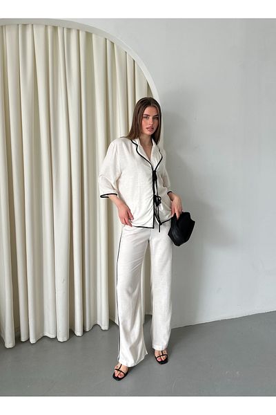 Laluvia Natural - Bluză cu tub negru și costum pantalon 9001