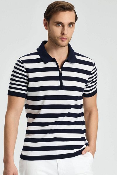 Hemington Zipper Detailed White Navy Blue Striped Pure Cotton Knitwear Polo
