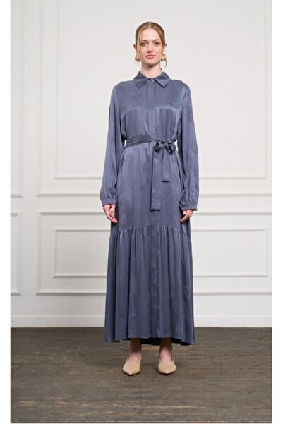 Nuss 2044 Kendinden Desenli Kemerli Elbise