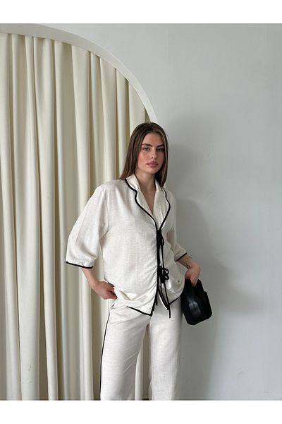 Laluvia Natural - Bluză cu tub negru și costum pantalon 9001