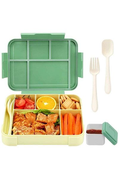 COOYA Children's Lunch Box, Green, 1300 Ml, With 5 Compartments and Cutlery, Non-toxic, 23x17x4.8cm