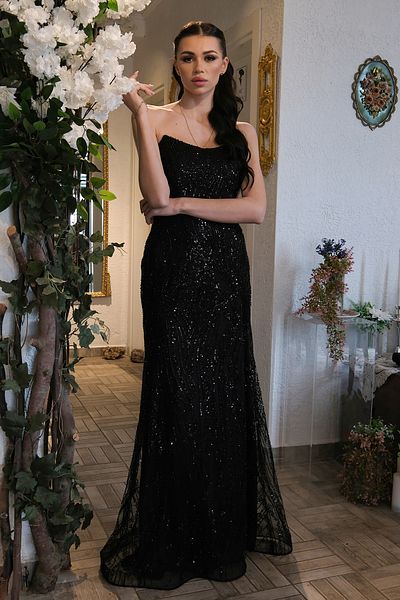 Feminist Black Stone Embroidered Long Fish Evening Dress 0801056