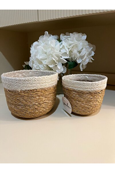 Sever Dekoratif Hasır Saksı Beyaz, Çok Amaçlı Hasır Saksılık Sepet, Bahçe Düz...