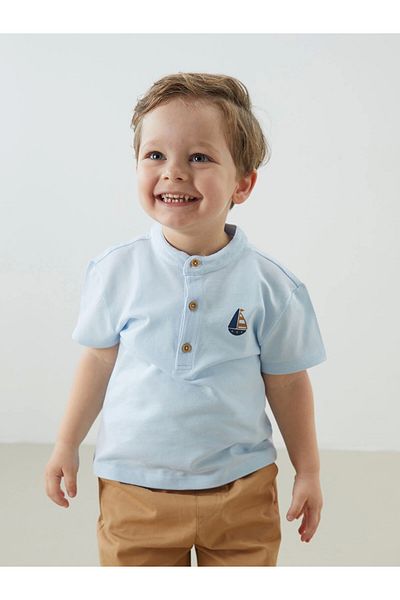 LC Waikiki Lcw Baby Blue Prevailing Collar Printed Baby Boy T-Shirt and Pants 2Pcs