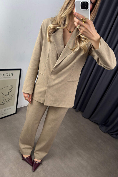 Sue Store Vizon Keten Dokulu Çıtçıtlı Blazer Pantolon Takım