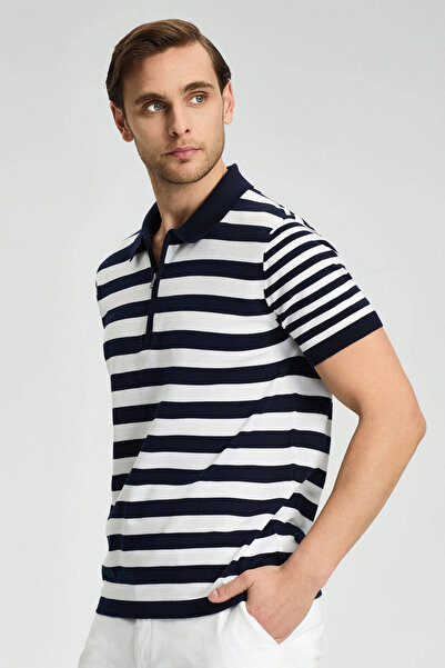 Hemington Zipper Detailed White Navy Blue Striped Pure Cotton Knitwear Polo