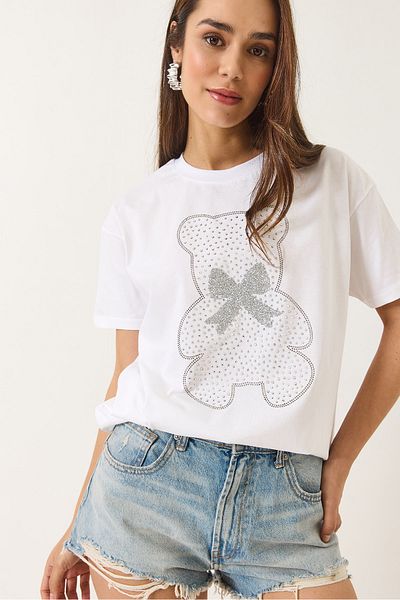 Bianco Lucci Γυναικείο Teddy Ribbon Λεπτομερές T-Shirt από πέτρα 60602035