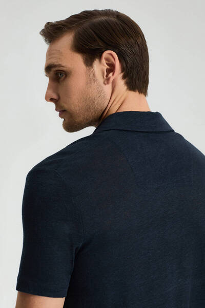 Hemington Pure Linen Navy Blue Polo Neck T-Shirt