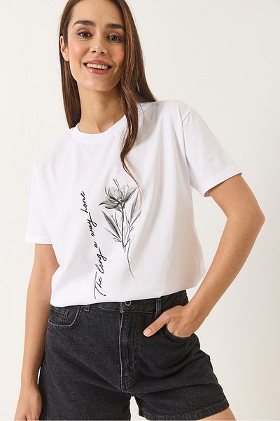 Bianco Lucci Tricou de damă cu mânecă scurtă cu imprimeu floral și decolteu 60602033
