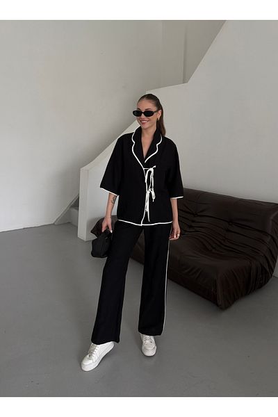Laluvia Black - Natural Bias Blouse Trousers Set - 9001