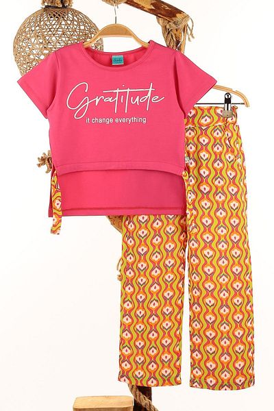 Ege Bebek Girl's Summer 2-3-4-5-6 Years Old Tiril Tiril Viscose Bottom Crop Model T-Shirt Girl's Set