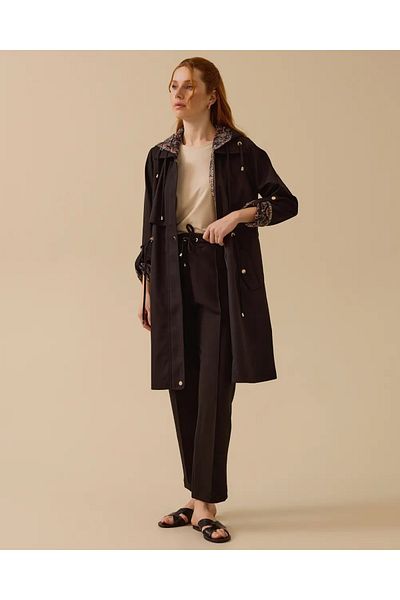 SEÇİL Seçil Leopard Print Inner Lining Hooded Trench Coat - Black