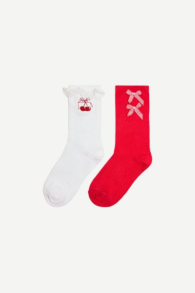Bershka 2-pack of cherry print socks with bow