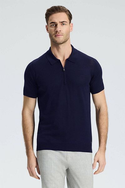 Hemington Silk Cotton Blend Zipper Detailed Navy Blue Knitwear Polo