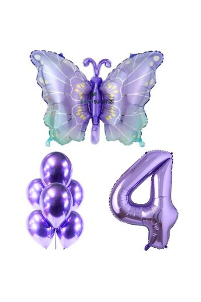parti sürprizi Mor Kelebek 4 Yaş Folyo Balon Set
