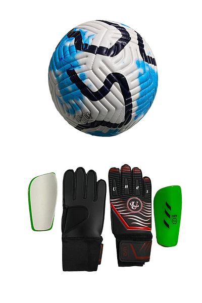 unes 5 No Blue Striped Football Goalkeeper Gloves and Shin Pads Set of 3 (with Pump Gift)