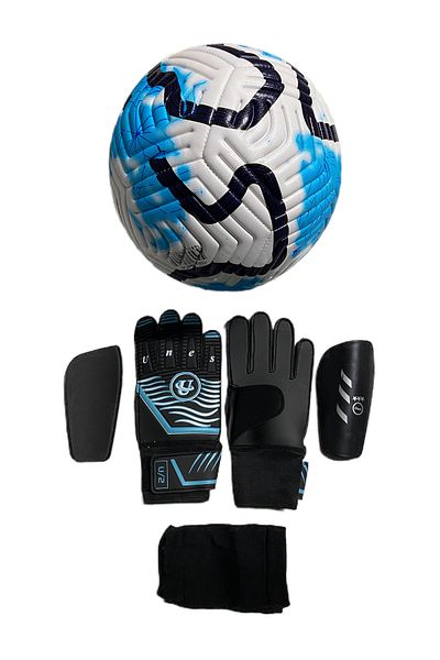 unes 5 No Blue Striped Football Goalkeeper Gloves and Shin Guard Set of 3 (Pump Gift)