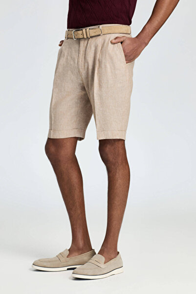 Hemington Pure Linen Sand Color Pleated Shorts